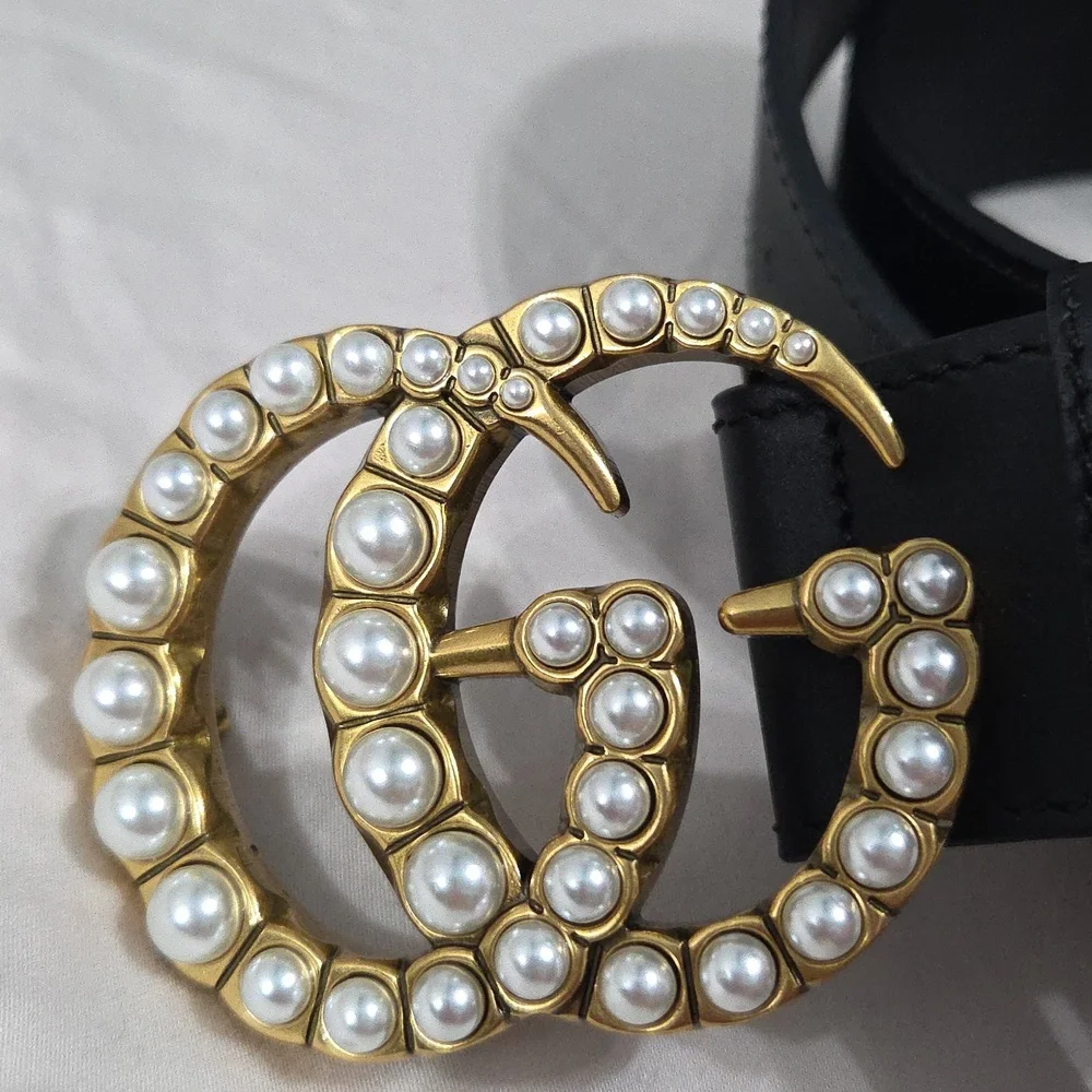 Gucci Black Marmont Pearl Belt Gold GG Buckle - Picture 3 of 14